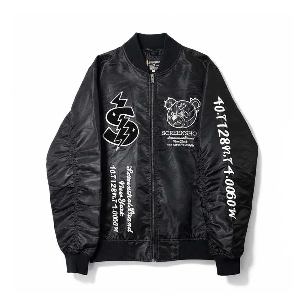 Screenshot Brand Bomber Jacket Mens M‎ Black Graphic Teddy Bear Streetwear NY